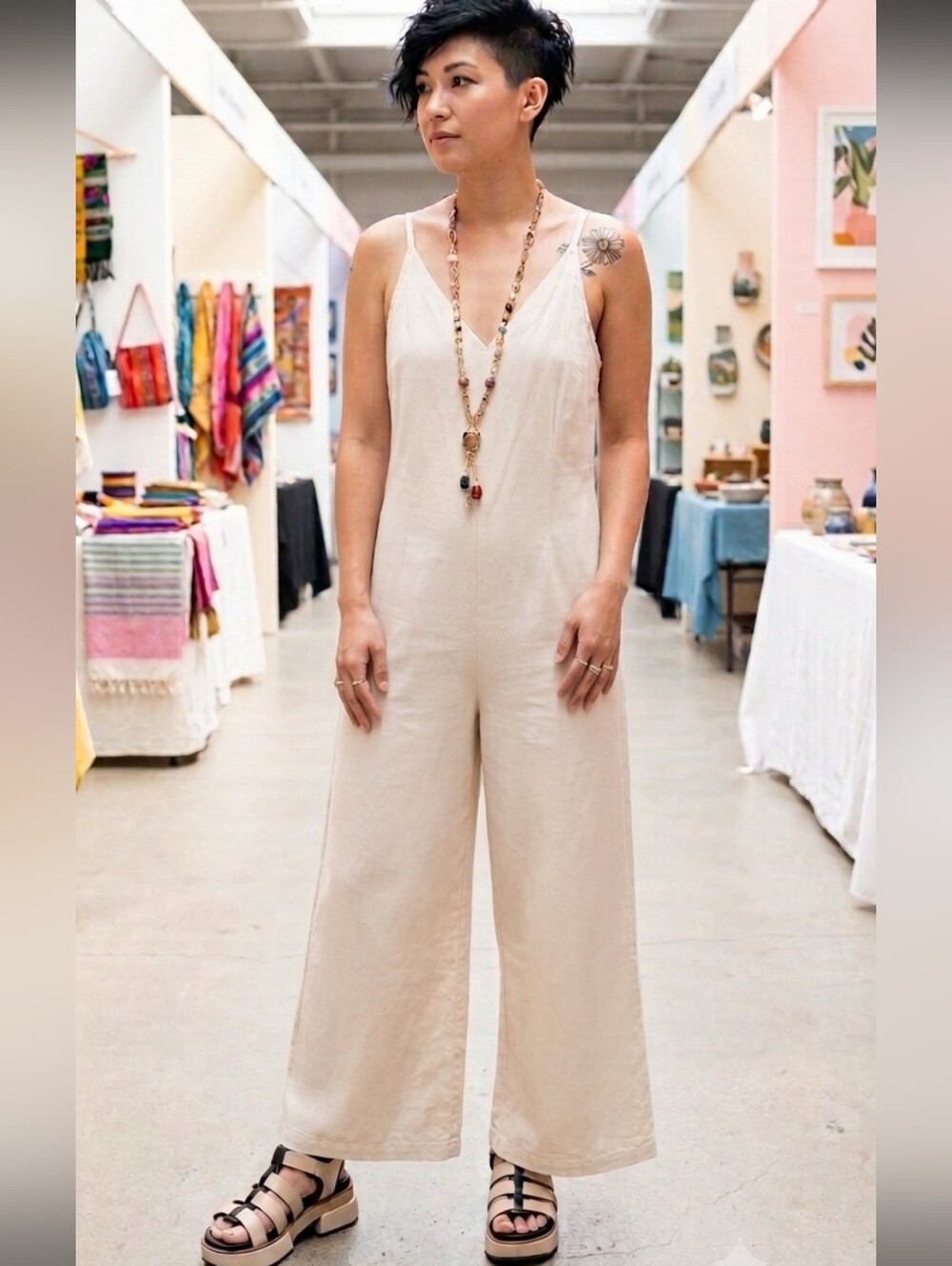 NWT🍦Cream Jumpsuit with Button Accents Fits MEDIUM